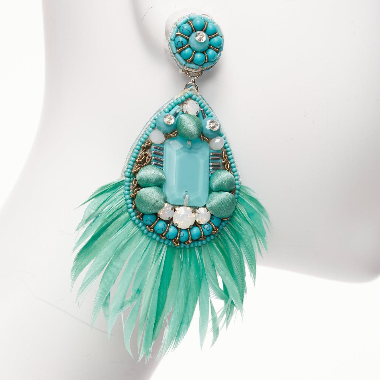 Women's RANJANA KHAN teal green feather beads big dangling clip on earrings For Sale