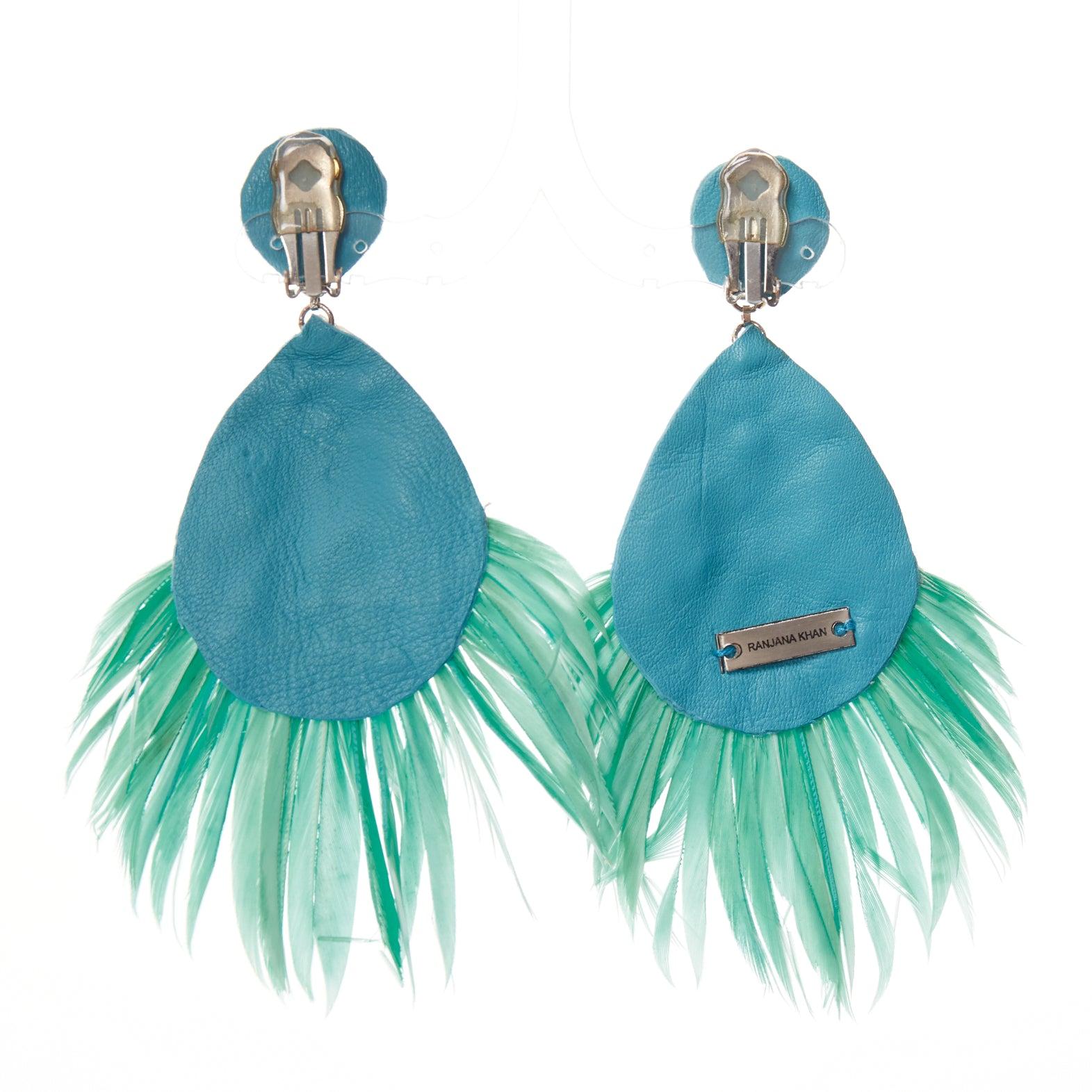 RANJANA KHAN teal green feather beads big dangling clip on earrings For Sale 1
