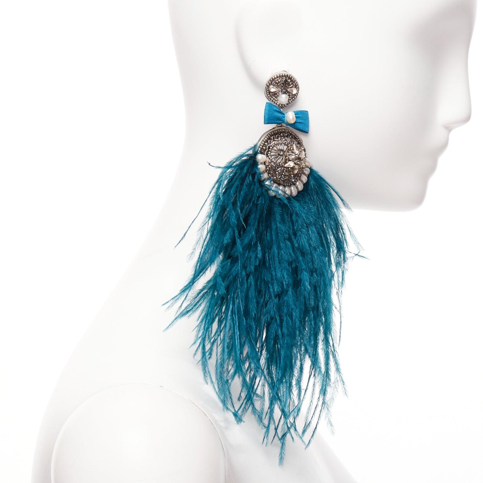 RANJANA KHAN turquoise blue feather faux pearl dangling clip on earrings In Good Condition For Sale In Hong Kong, NT