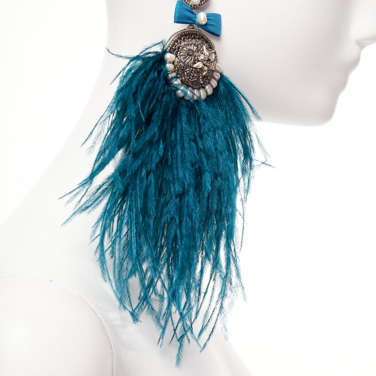 Women's RANJANA KHAN turquoise blue feather faux pearl dangling clip on earrings For Sale