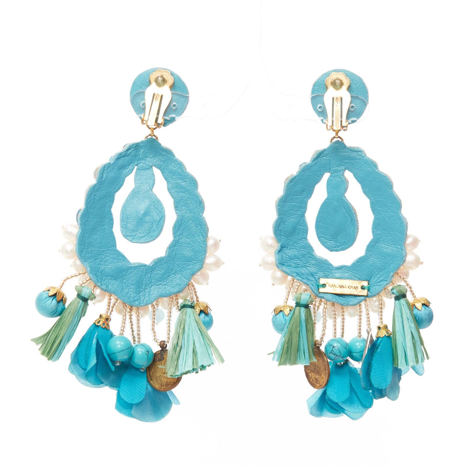 RANJANA KHAN turquoise cream faux pearl stone clip on earrings  Pair In Fair Condition For Sale In Hong Kong, NT