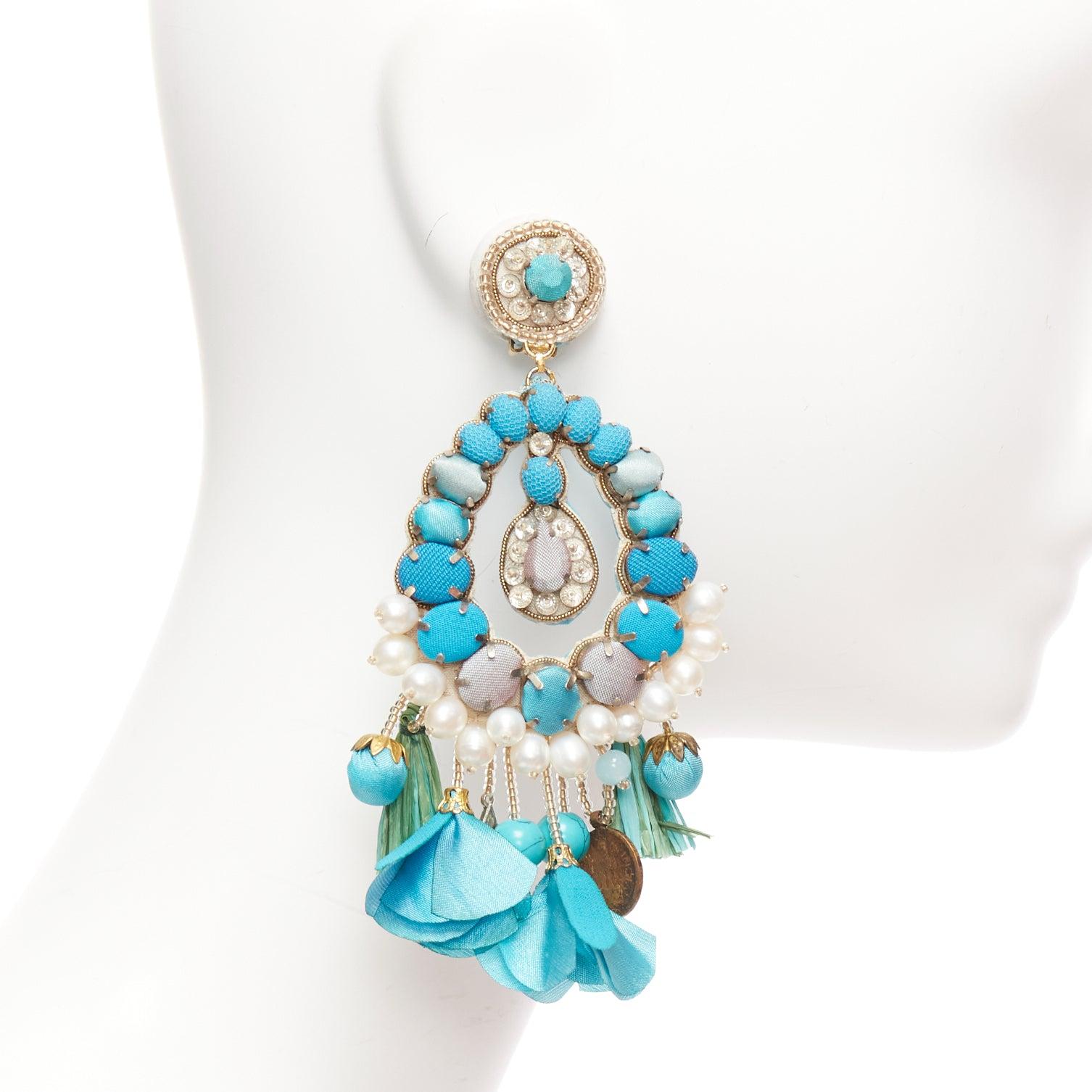 Women's RANJANA KHAN turquoise cream faux pearl stone clip on earrings  Pair For Sale