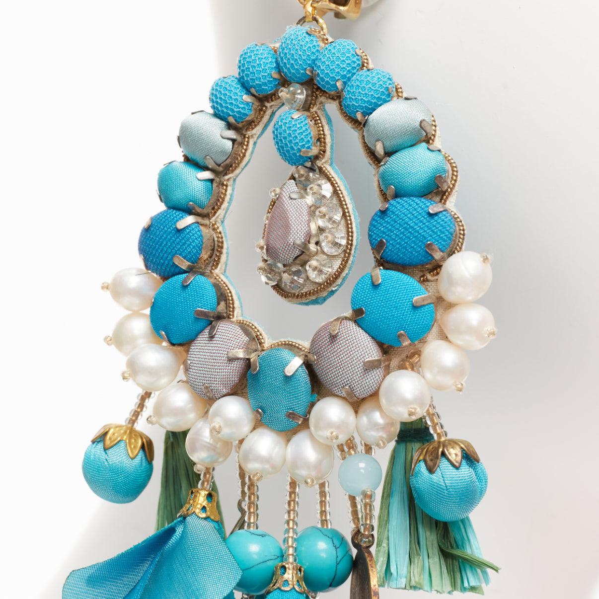 RANJANA KHAN turquoise cream faux pearl stone clip on earrings  Pair For Sale 1