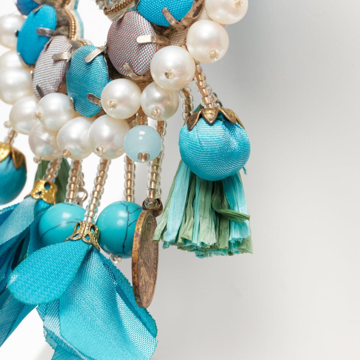 RANJANA KHAN turquoise cream faux pearl stone clip on earrings  Pair For Sale 2