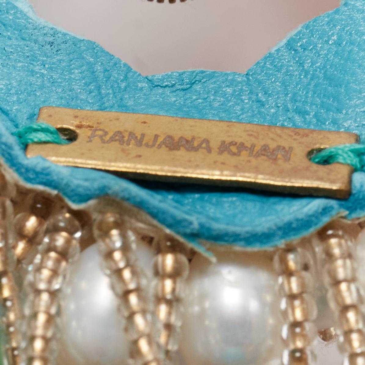 RANJANA KHAN turquoise cream faux pearl stone clip on earrings  Pair For Sale 3