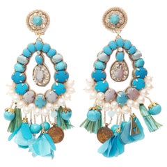 RANJANA KHAN turquoise cream faux pearl stone clip on earrings  Pair
