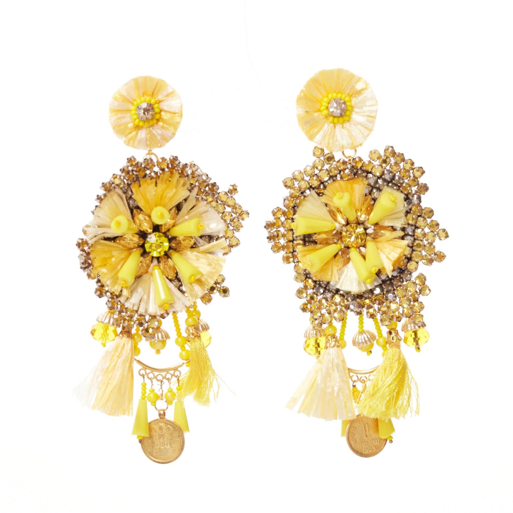 RANJANA KHAN yellow beads tassel crystals strass dangling clip on earrings
Reference: AAWC/A01211
Brand: Ranjana Khan
Material: Raffia
Color: Yellow
Pattern: Solid
Closure: Clip On
Lining: Yellow Leather
Extra Details: Yellow leather