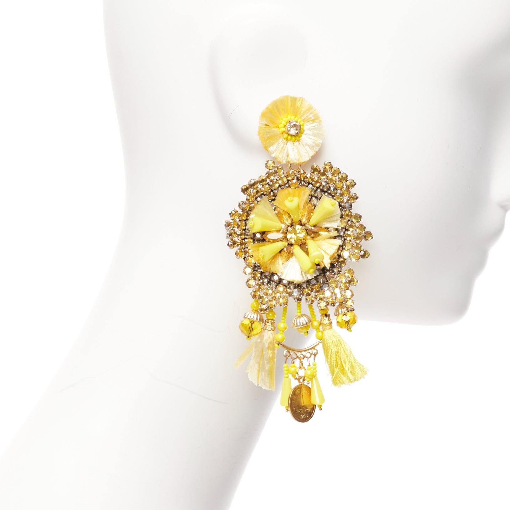 Women's RANJANA KHAN yellow beads tassel crystals strass dangling clip on earrings