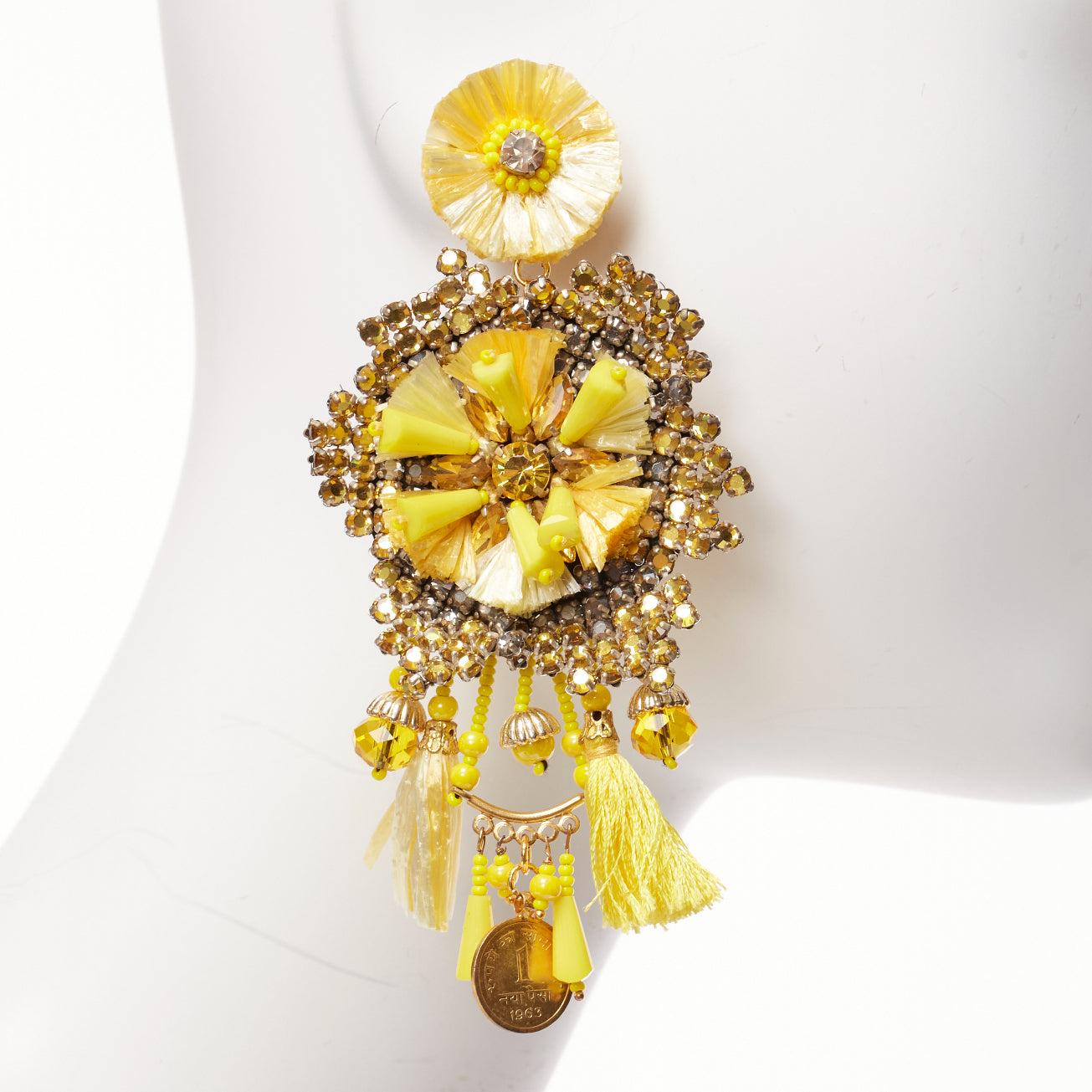 RANJANA KHAN yellow beads tassel crystals strass dangling clip on earrings 1
