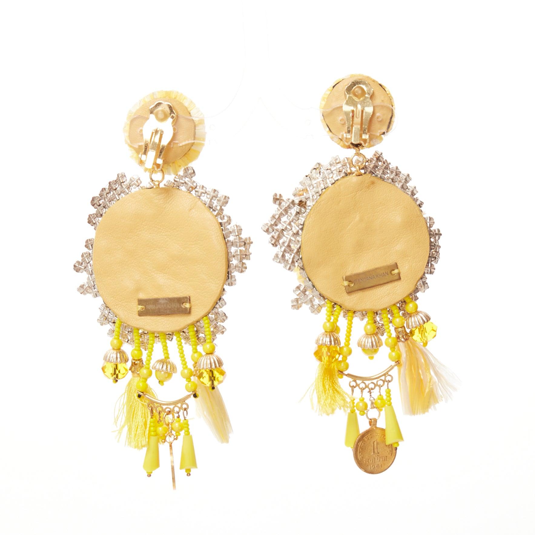 RANJANA KHAN yellow beads tassel crystals strass dangling clip on earrings 2
