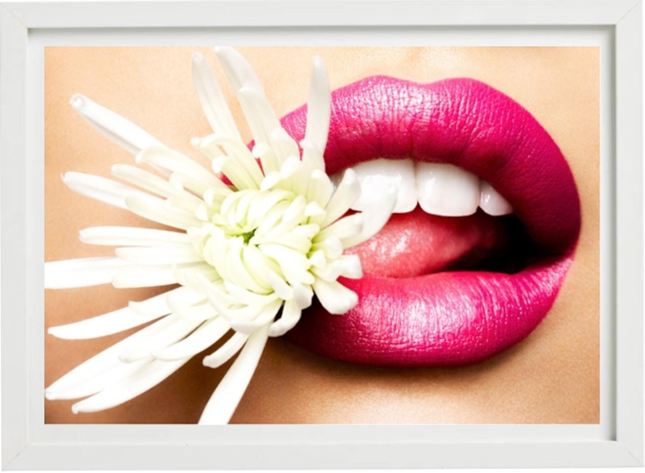 Chrysanthemum Bitten - model with pink lips biting a white flower - Photograph by Rankin