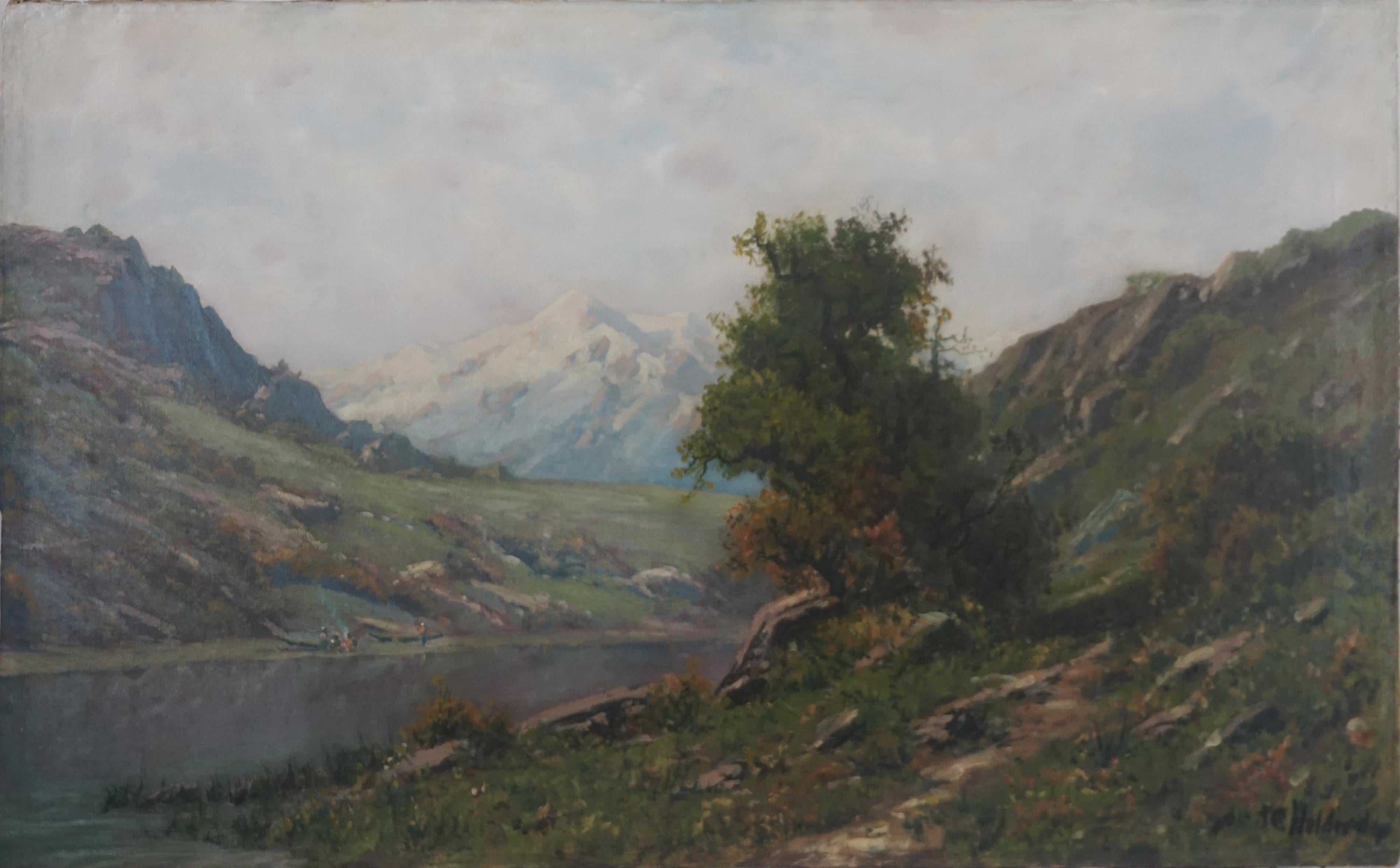 Paisaje original de la Escuela del Río Hudson del siglo XIX - Pesca en las Sierras - Painting de Ransom Gillet Holdridge