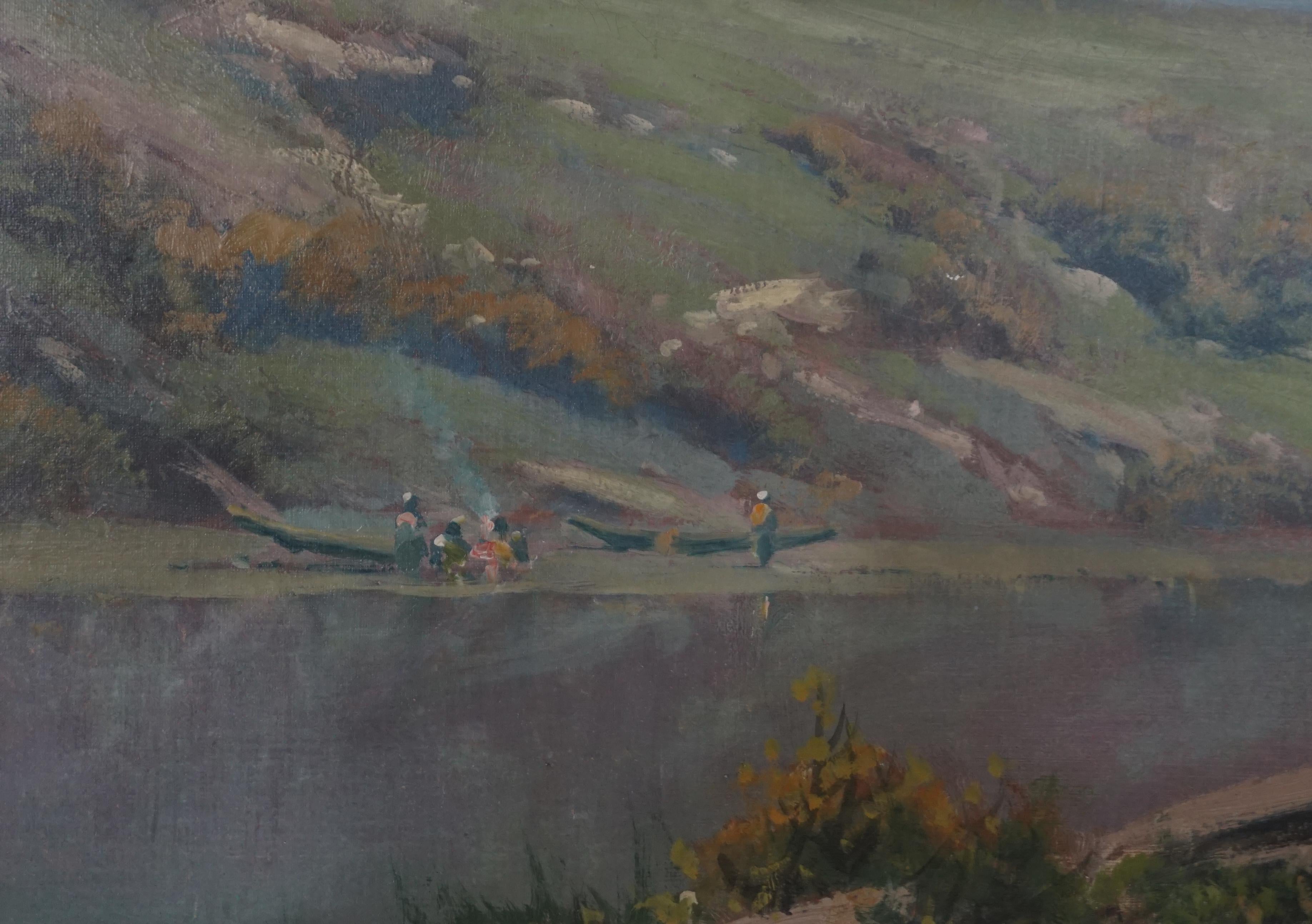 Paisaje original de la Escuela del Río Hudson del siglo XIX - Pesca en las Sierras - Painting impresionista estadounidense de Ransom Gillet Holdridge