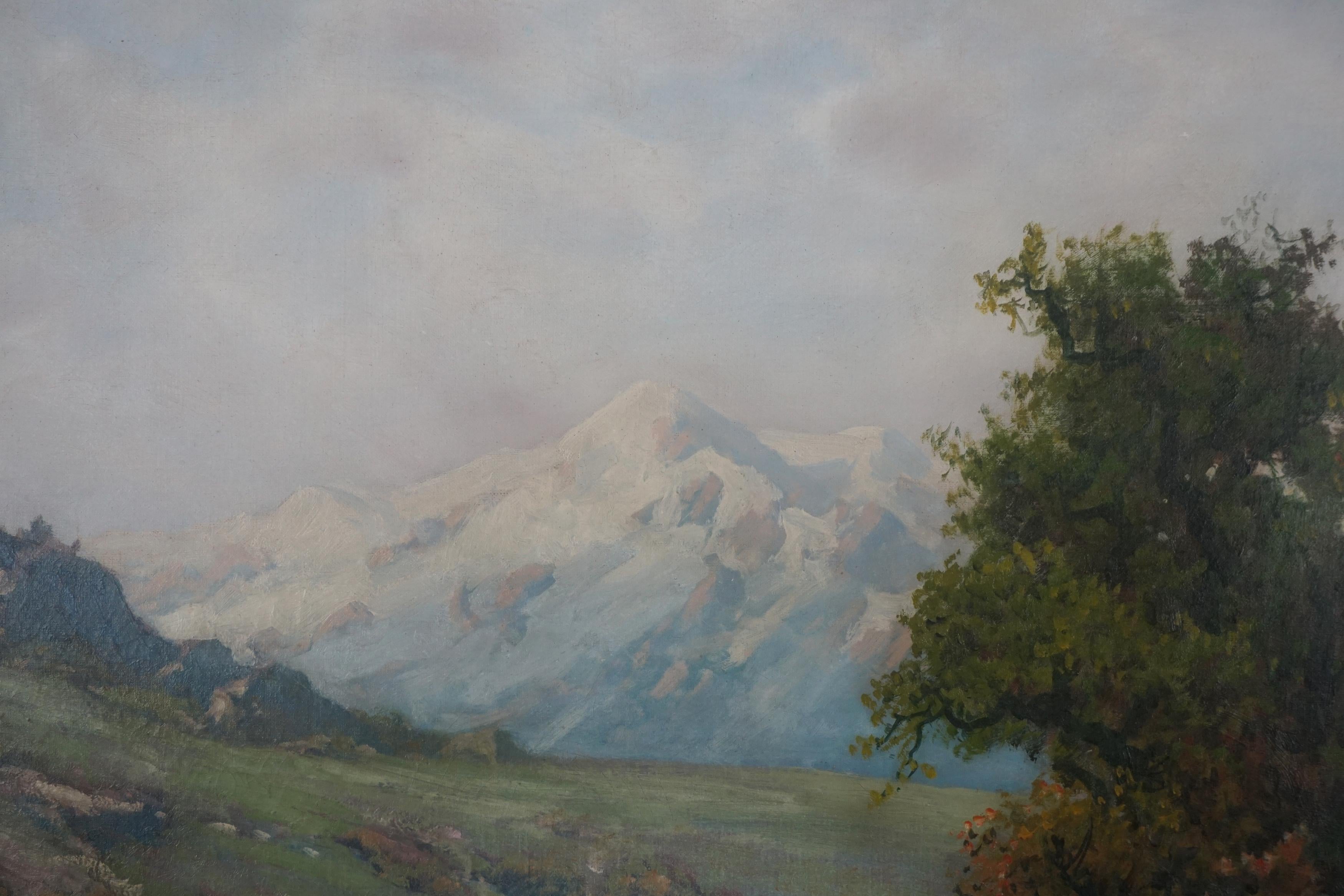 Paisaje original de la Escuela del Río Hudson del siglo XIX - Pesca en las Sierras - Figurative Painting Gris de Ransom Gillet Holdridge