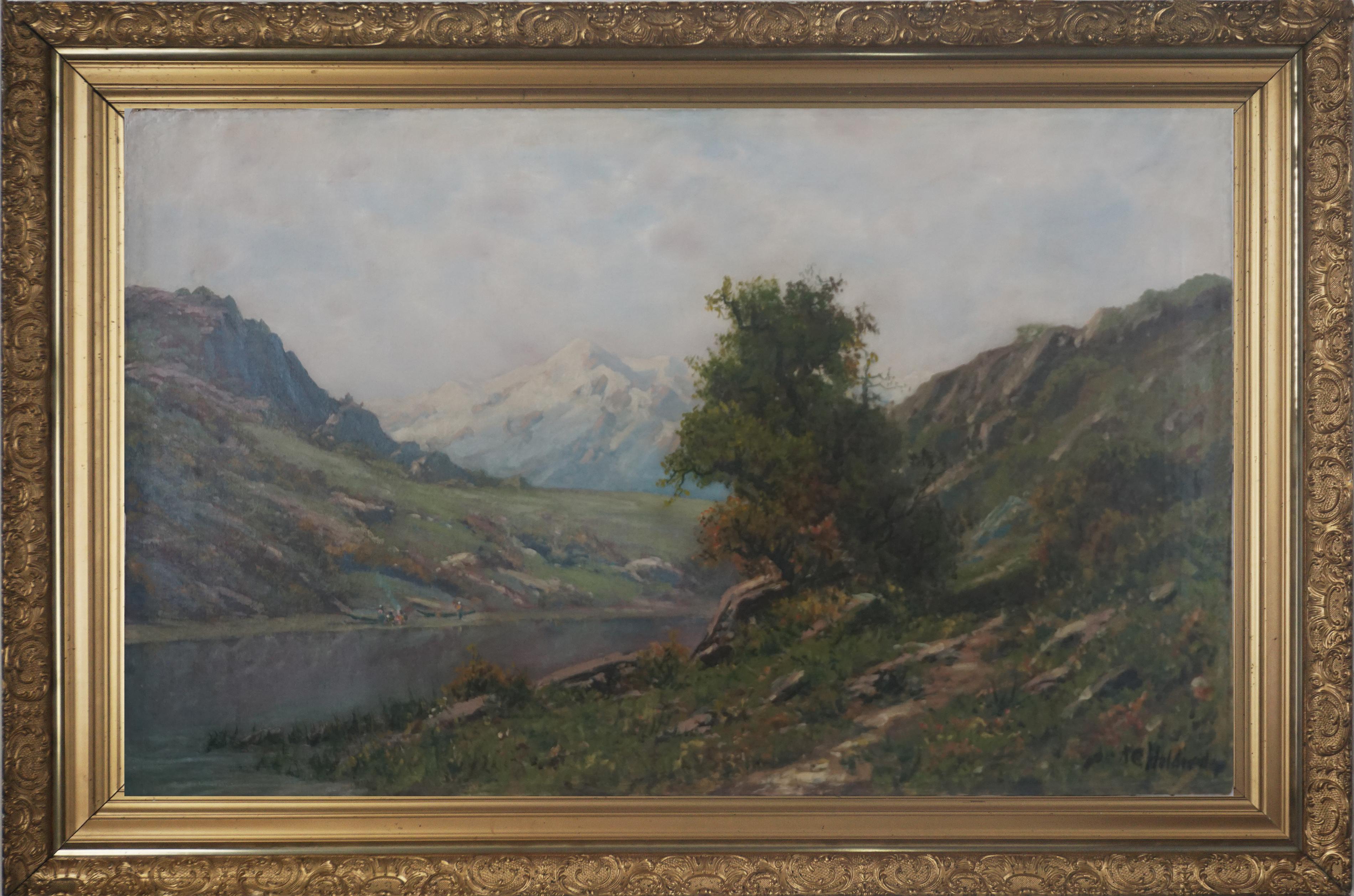 Paisaje original de la Escuela del Río Hudson del siglo XIX - Pesca en las Sierras