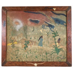 Exhibited Peyote Priest visionary painting with an artist-made, decorated frame