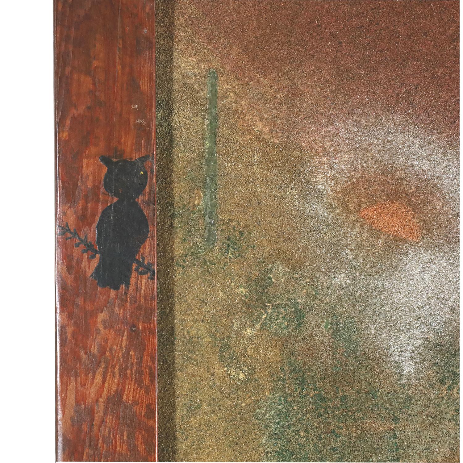 Eine seltene visionäre Sandmalerei des Kiowa Peyote Priesters, Chief Charging Skunk, in einem handgeschnitzten und bemalten Rahmen, der vom Künstler geschaffen wurde.

Werke von Chief Charging Skunk sind schwer zu finden, und dieses Werk ist ein