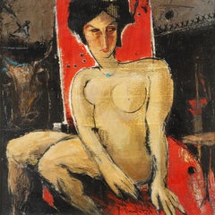 "Nude on Chair" Mixed Media Painting 22" x 22" inch by RAOUF RAAFAT