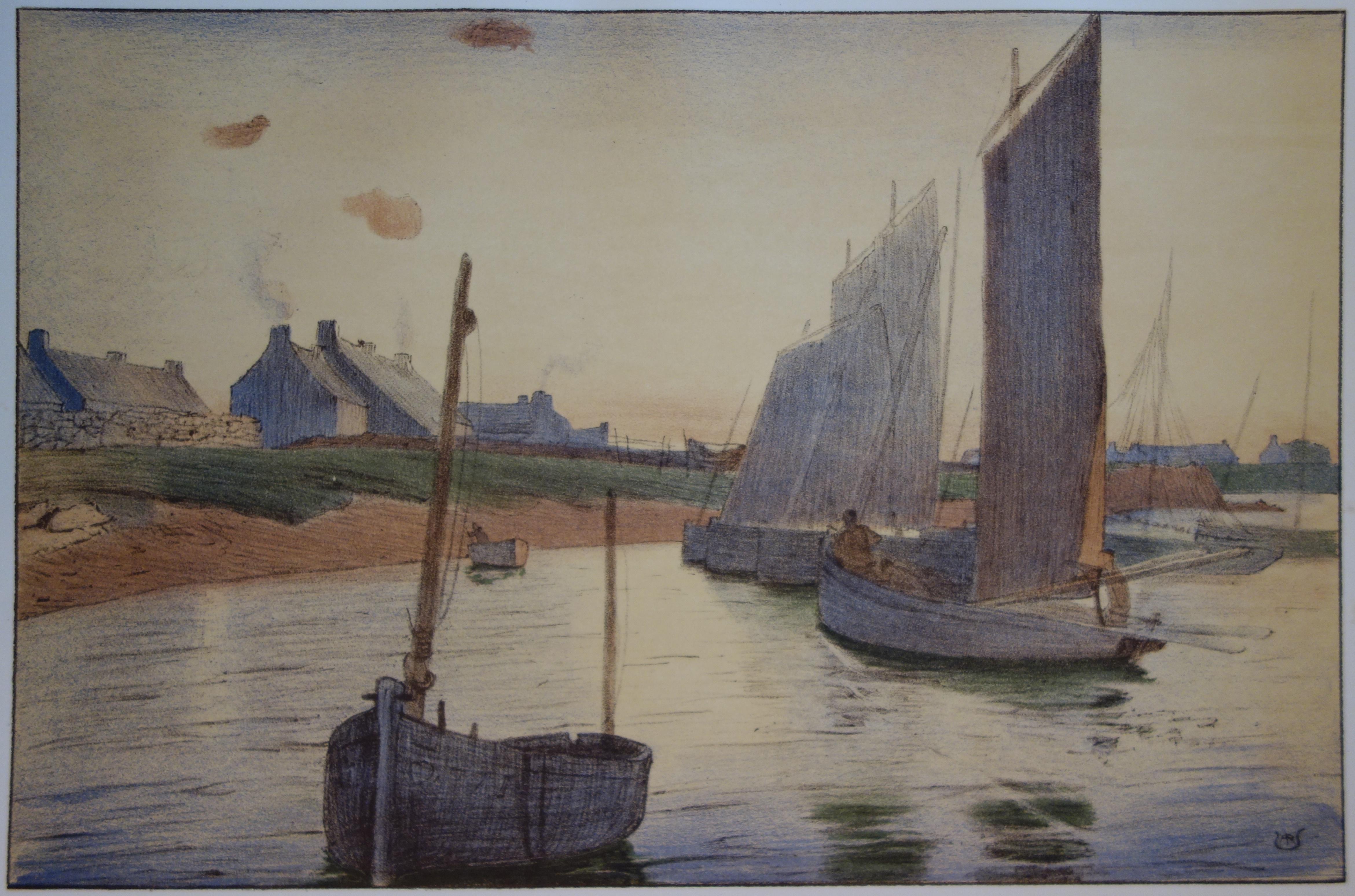 Paisaje marino melancólico con veleros - Litografía original, 1898 - Print de Raoul André Ulmann