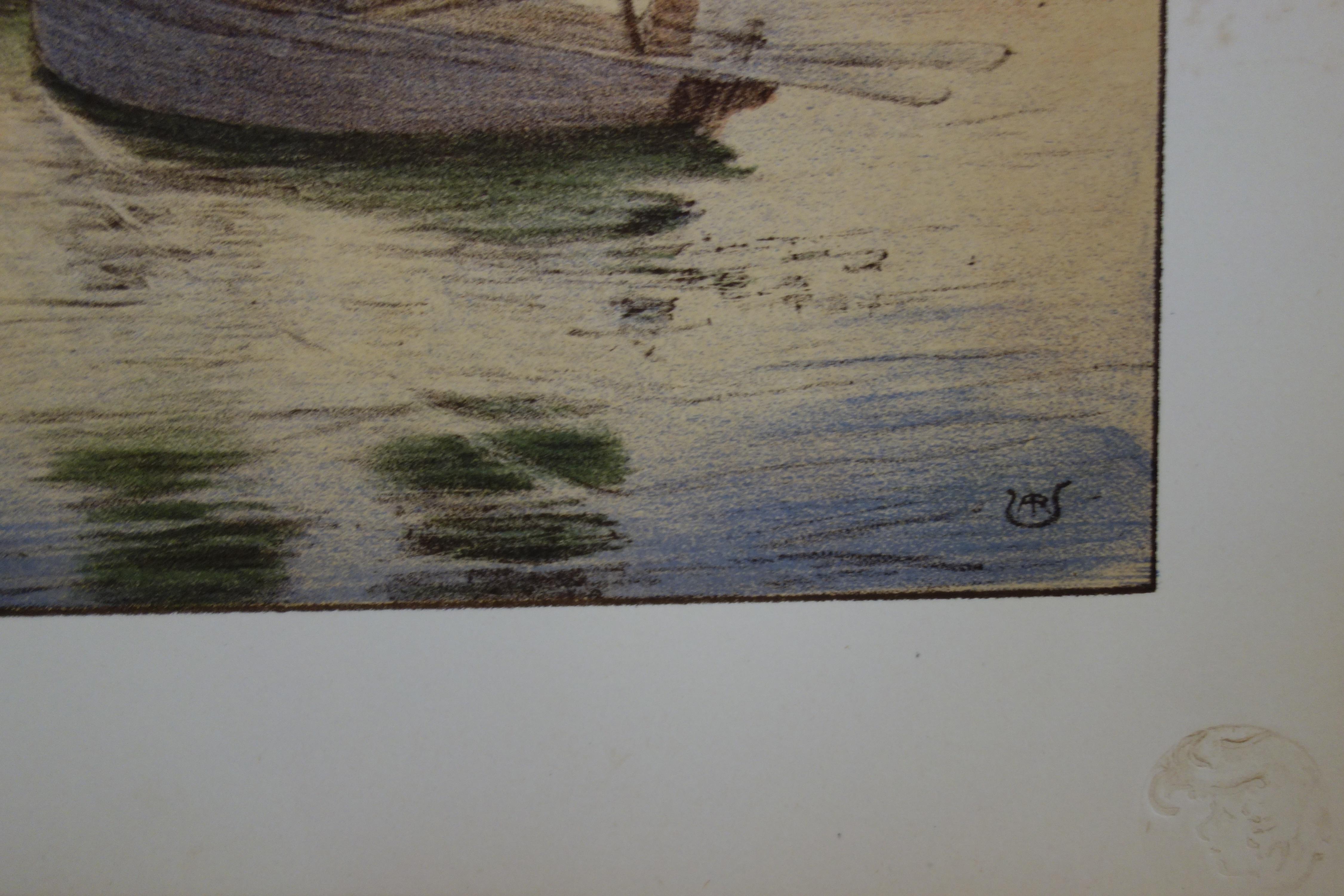 Paisaje marino melancólico con veleros - Litografía original, 1898 - Print Simbolista de Raoul André Ulmann