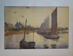 Paesaggio marino melancolico con barche a vela - Litografia originale, 1898