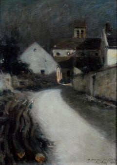Strada illuminata dalla luna - Pittura a olio antica impressionista francese del XIX secolo