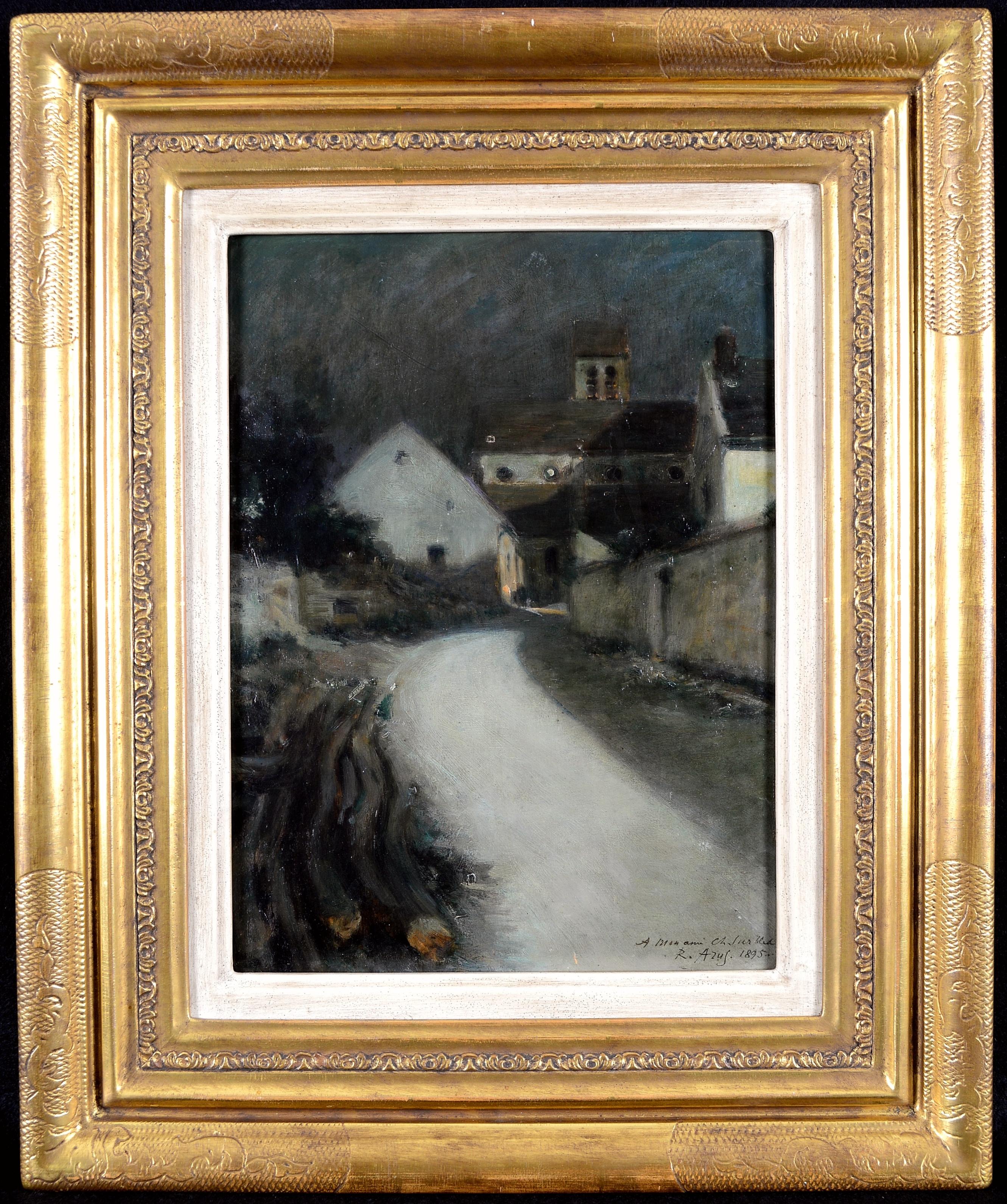 Strada illuminata dalla luna - Pittura a olio antica impressionista francese del XIX secolo