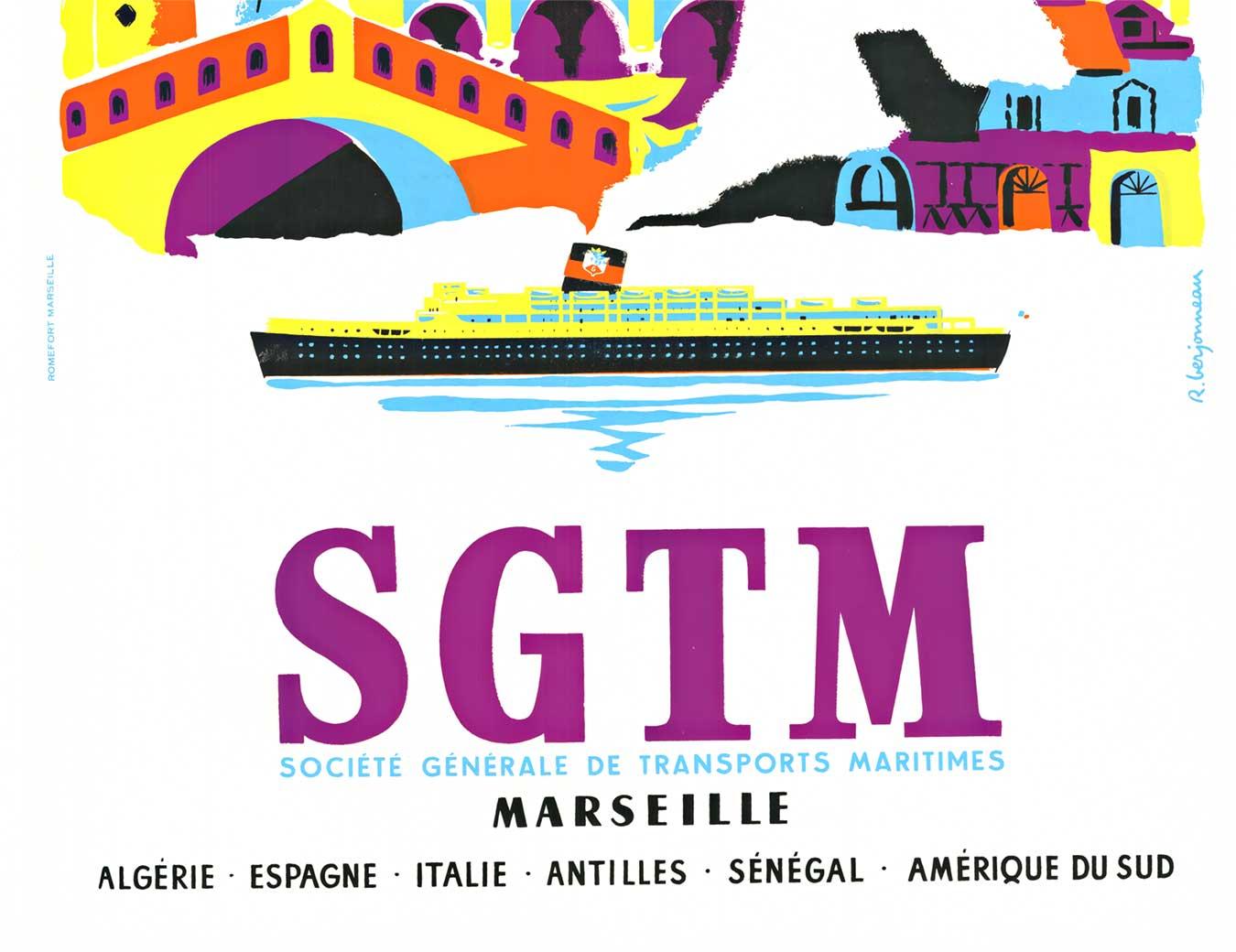 Original SGTM Marseille vintage cruise line vintage travel poster - Abstract Expressionist Print by Raoul Berjonneau
