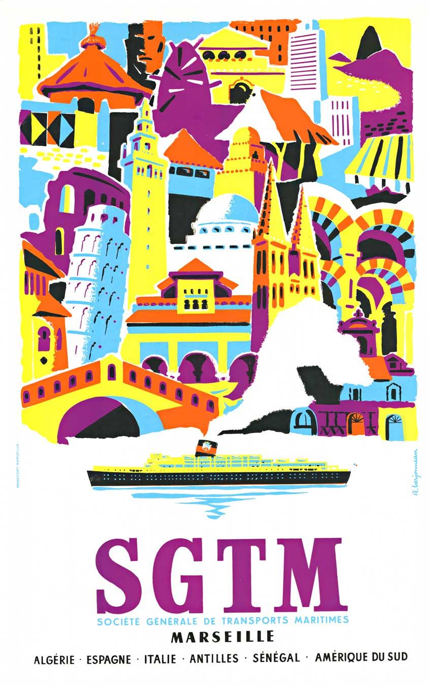 Raoul Berjonneau Landscape Print - Original SGTM Marseille vintage cruise line vintage travel poster