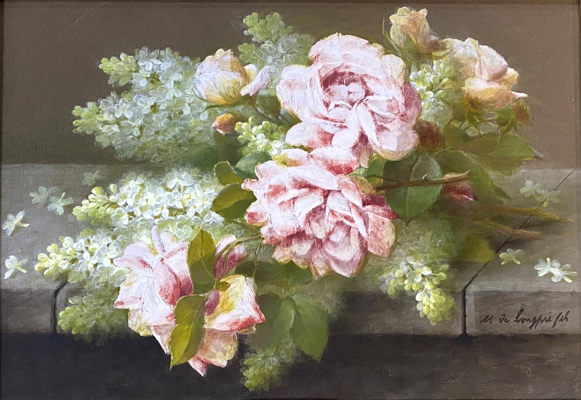 Una colorata coppia di nature morte floreali, una con rose rosa e lillà e una con rose gialle e lillà, dell'artista francese Raoul de Longpre (1843 o 59- 1911). De Longpre nacque a Parigi da una famiglia aristocratica, anche se povera, di