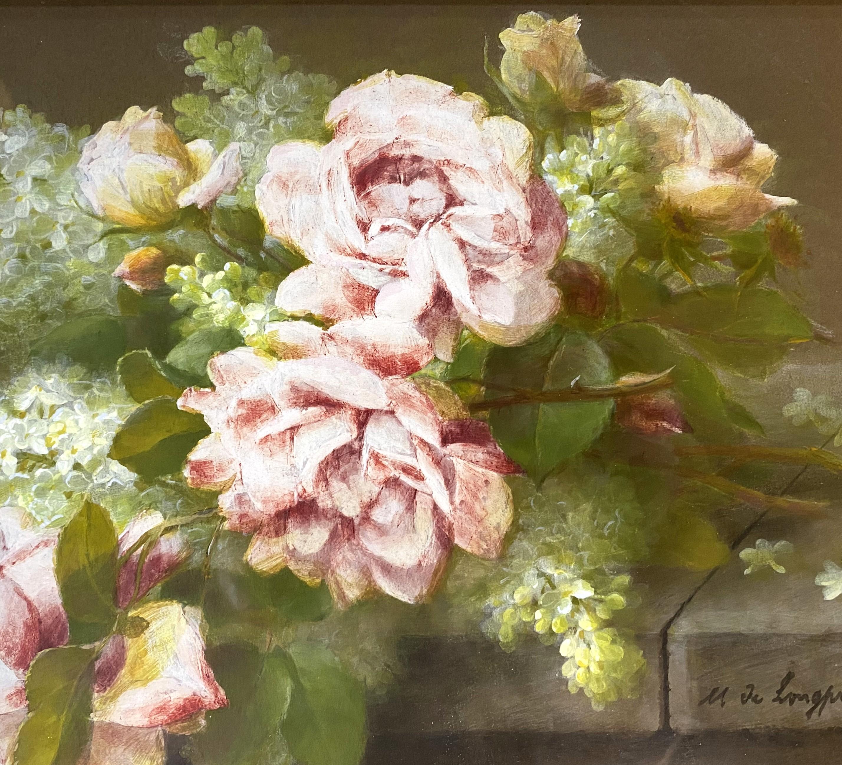 Natura morta con rose rosa e lillà / Natura morta con rose gialle e lillà in vendita 1