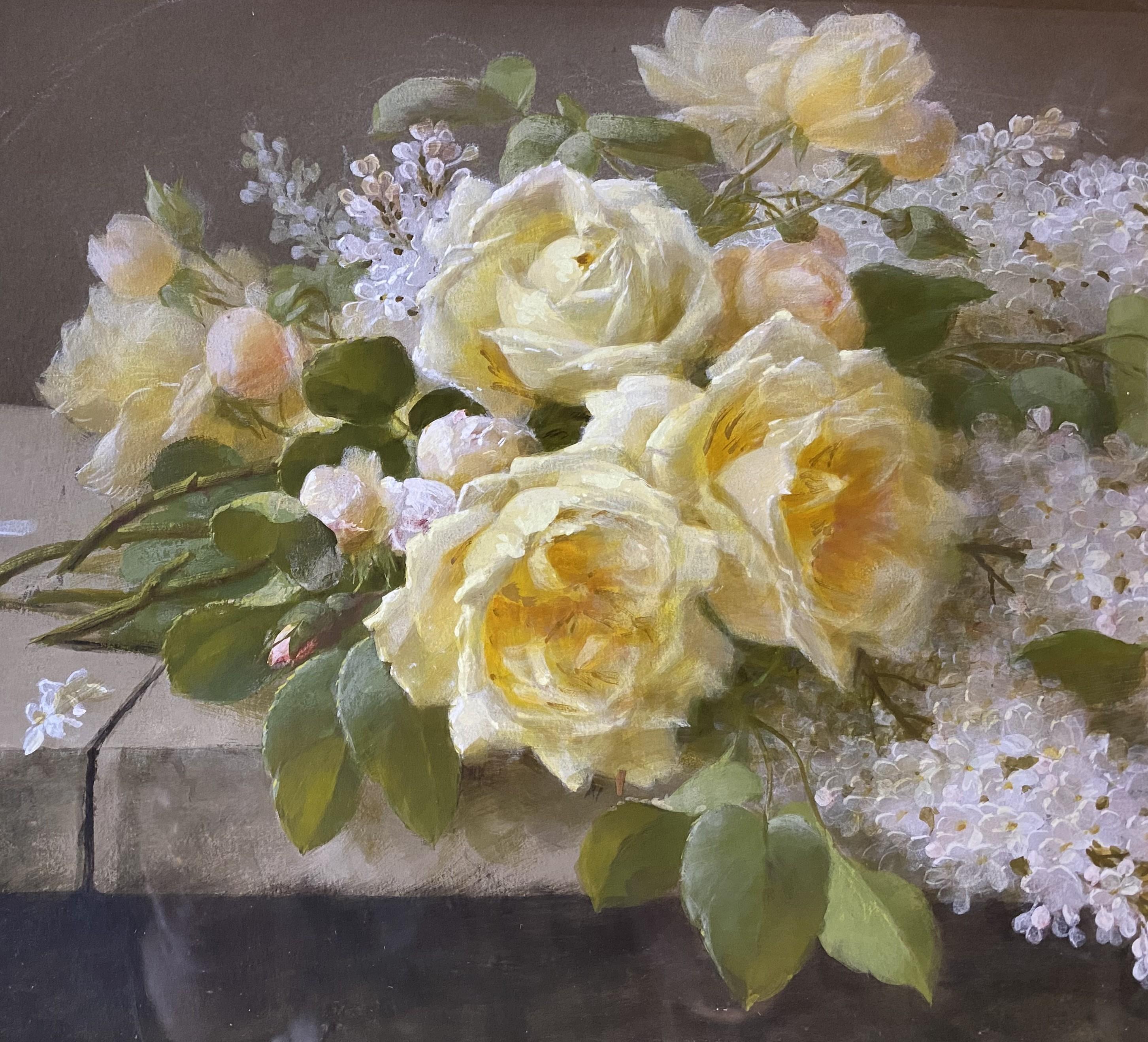 Natura morta con rose rosa e lillà / Natura morta con rose gialle e lillà in vendita 7
