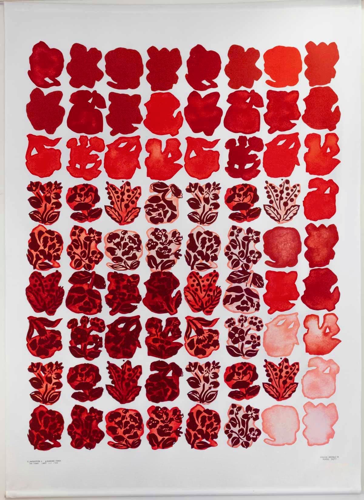 Wall screen printing on cotton white background, printed with stylized flowers, red color gradients from darker to lightest.

Raoul Duffy (1877-1953) Hanging 