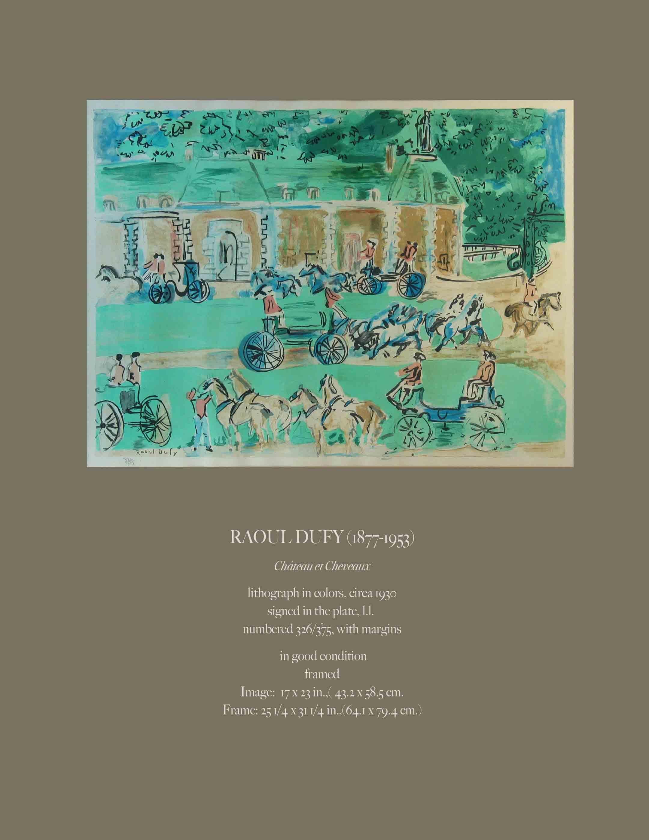 Raoul Dufy (1877-1953)


Château et Cheveaux.


Lithograph in colors, circa 1930.

Signed in the plate, l.l. 
Numbered 326/375, with margins.


In good condition,
Framed.

Measures: Image 17 x 23 in., (43.2 x 58.5 cm.)

Frame 25 1/4