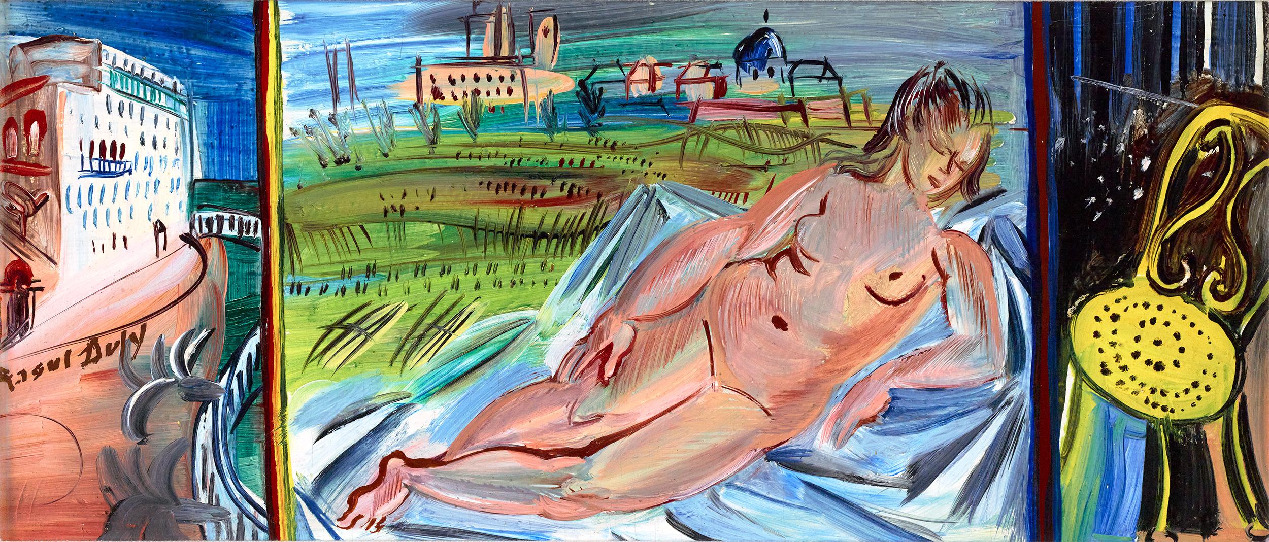 Raoul Dufy
1877-1953  Français

Composition en trois parties
(Composition en trois parties)

Signé "Raoul Dufy" (au centre gauche)
Huile sur panneau

Souvent appelé le peintre de la joie, Raoul Dufy a capturé l'effervescence de la France moderne