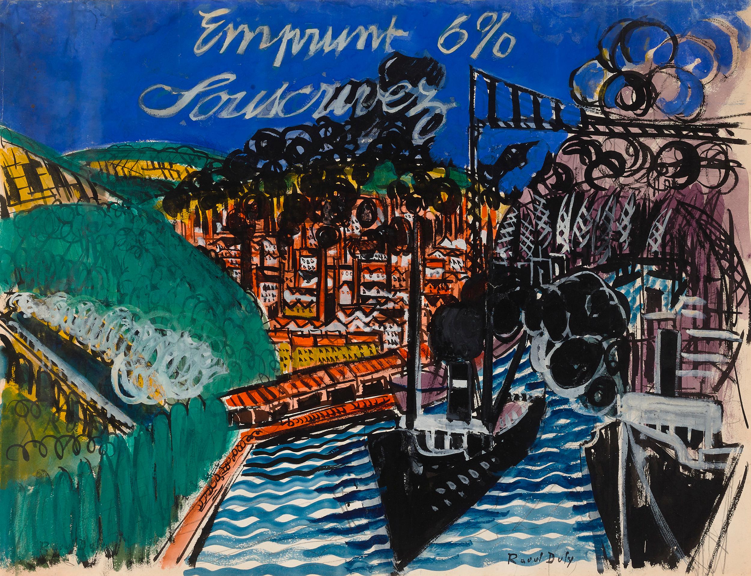 Emprunt 6% Souscrivez
(Kriegsanleihe 6% Abonnieren)

Signiert "Raoul Dufy" (unten rechts)
Gouache auf Papier

Diese leuchtende Gouache auf Papier des berühmten Raoul Dufy ist nicht nur ein Werk von außergewöhnlicher künstlerischer Qualität, sondern