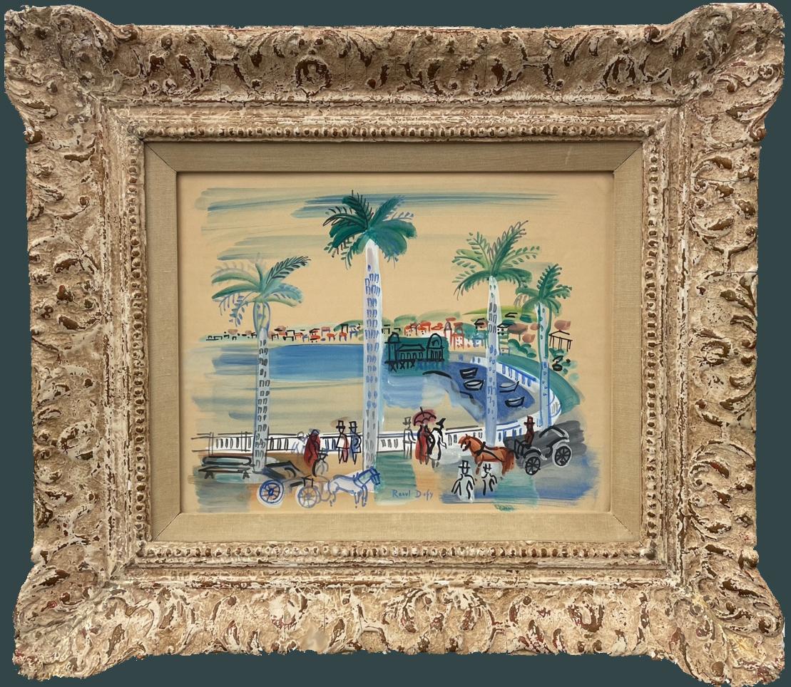 La Baie des Anges a Nice et le Casino 1928 gouache Palm Trees, Horse & Carriage - Painting by Raoul Dufy