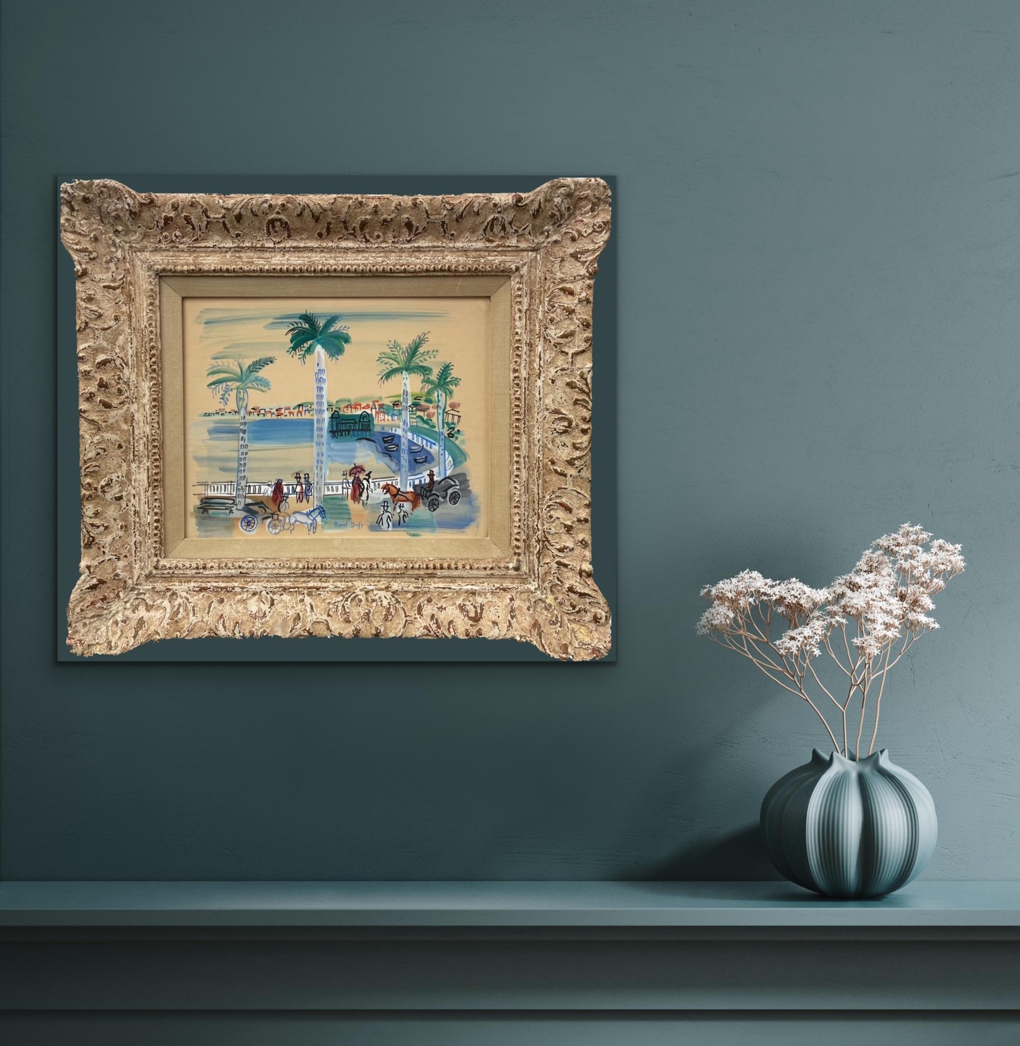 La Baie des Anges a Nice et le Casino 1928 gouache Palm Trees, Horse & Carriage - Post-Impressionist Painting by Raoul Dufy