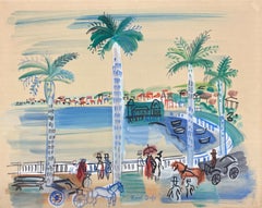 Antique La Baie des Anges a Nice et le Casino 1928 gouache Palm Trees, Horse & Carriage
