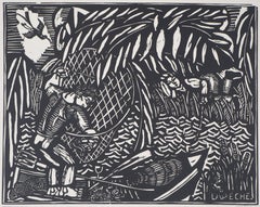 The Angling - Original woodcut - Signed