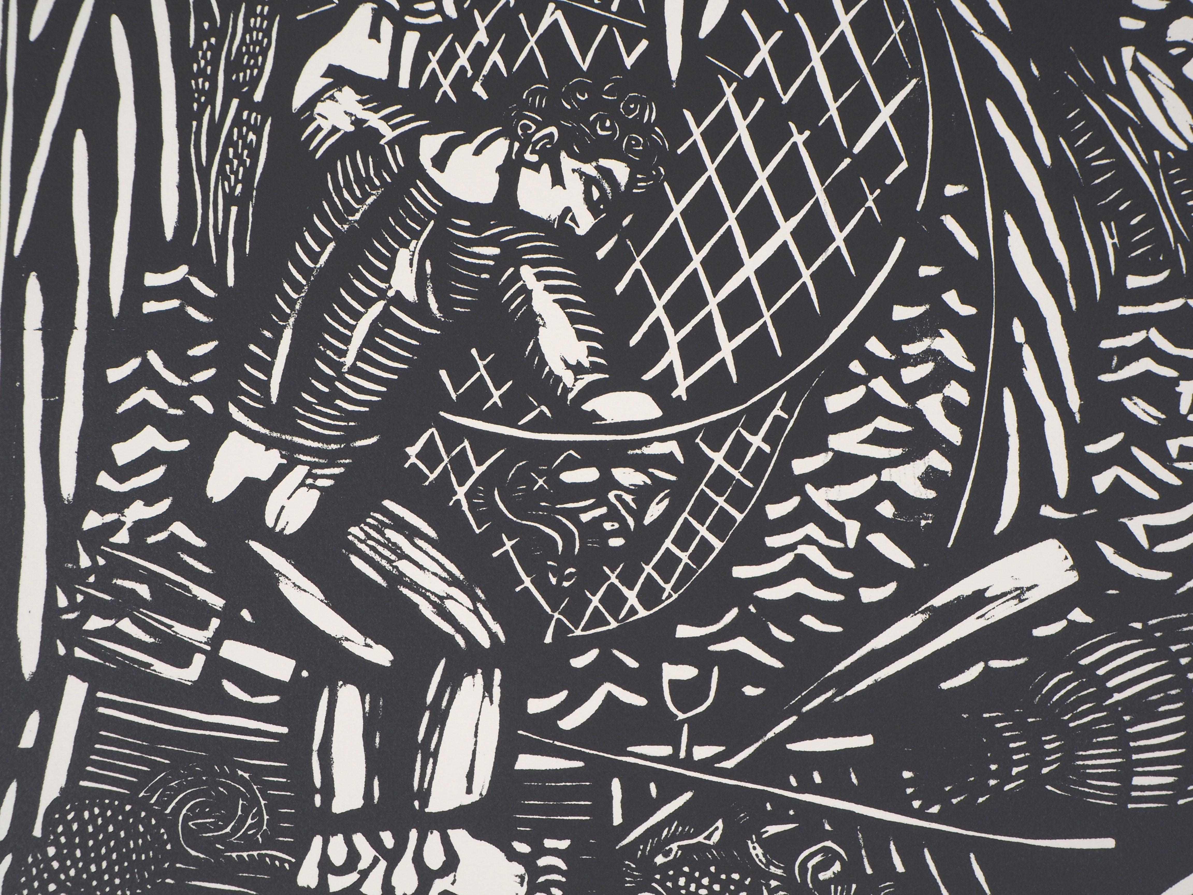 The Fisherman (Angling) - gravure sur bois originale, signée - Noir Figurative Painting par Raoul Dufy