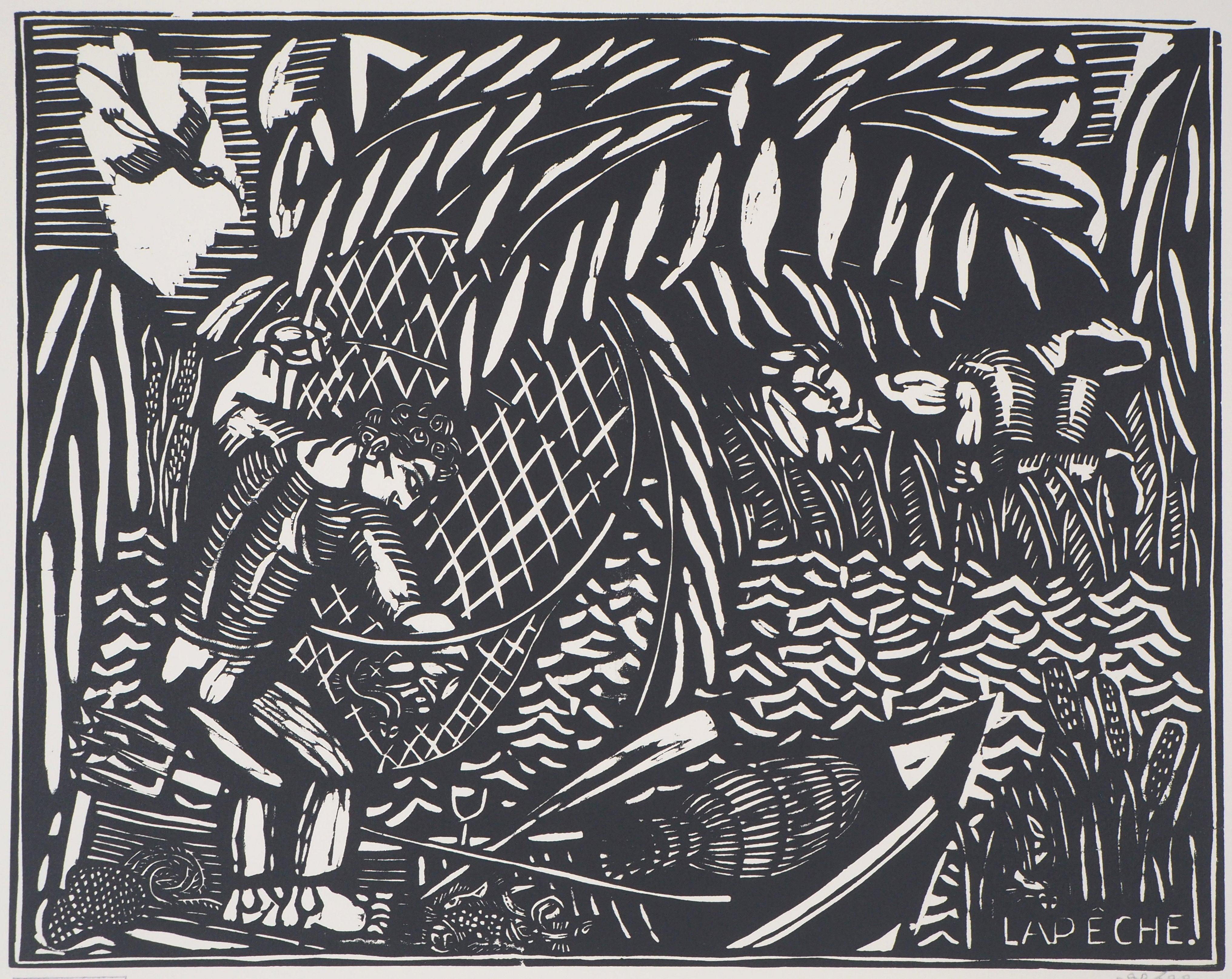 The Fisherman (Angling) - Original woodcut - Signed