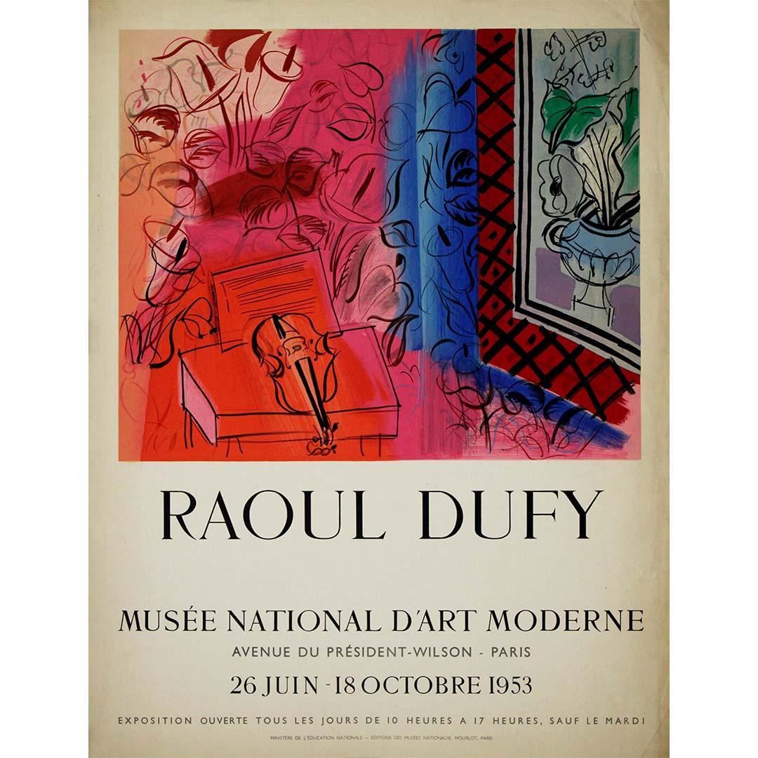 The 1953 original exhibition poster by Raoul Dufy for the Musée National d'Art Moderne is a vibrant and captivating piece that captures the essence of Dufy's iconic style and celebrates the world of modern art. Renowned for his colorful and dynamic