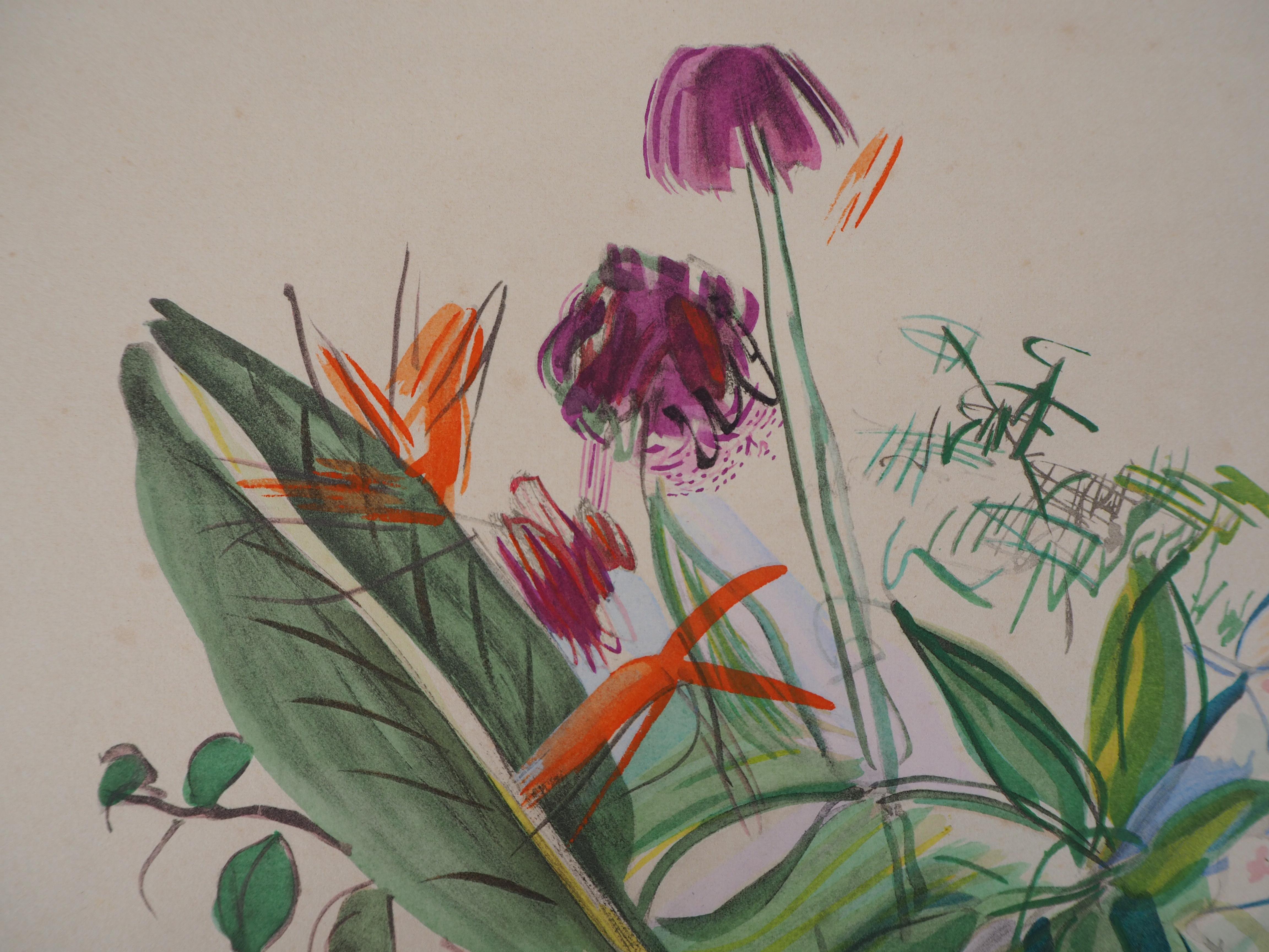 Manojo de flores - Litografía original - Still-Life Print Gris de Raoul Dufy