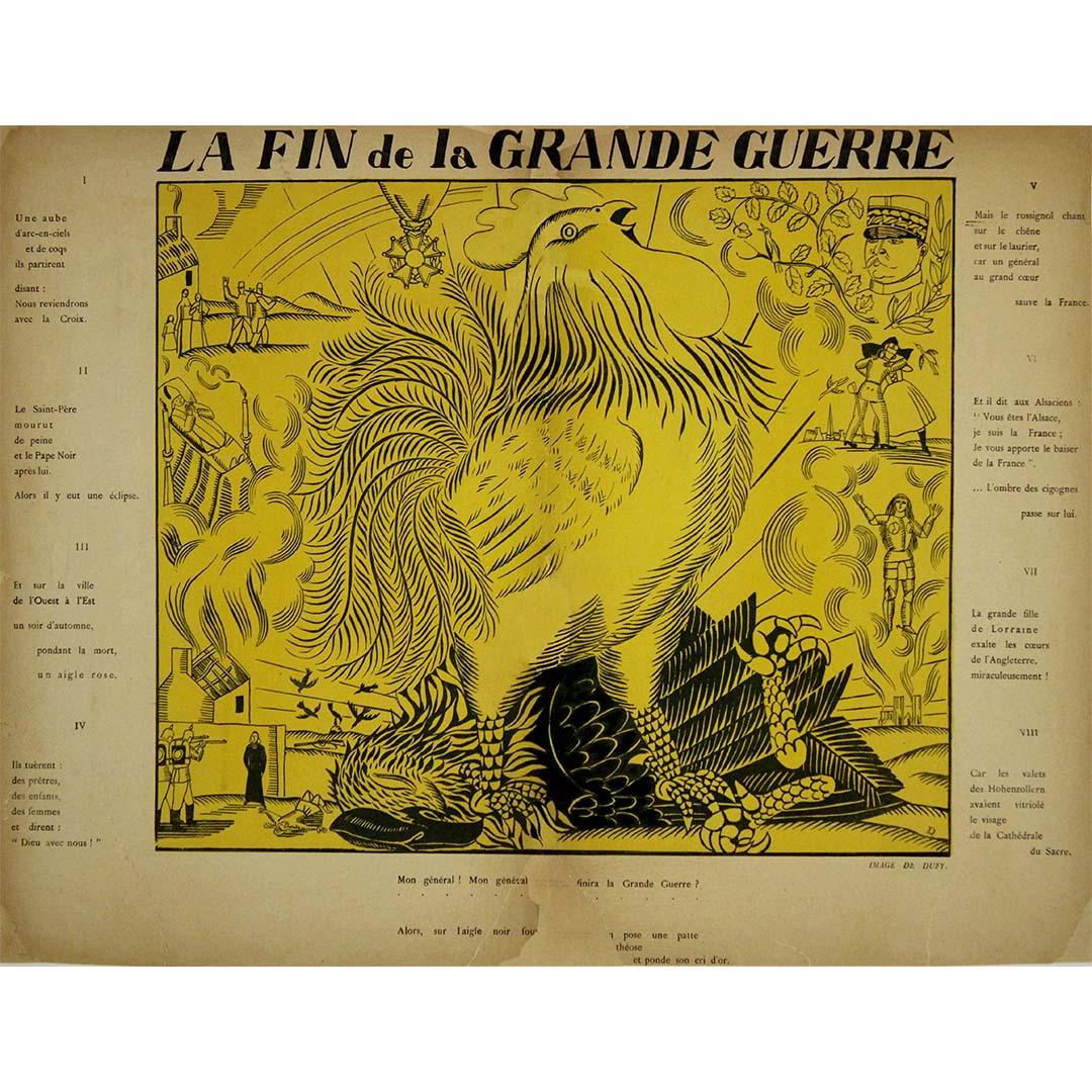 El cartel original de Raoul Dufy de hacia 1918, titulado "La Fin de la Grande Guerre" (El fin de la Gran Guerra), es un importante artefacto histórico que conmemora la conclusión de la Primera Guerra Mundial. Creado para la publicación vanguardista