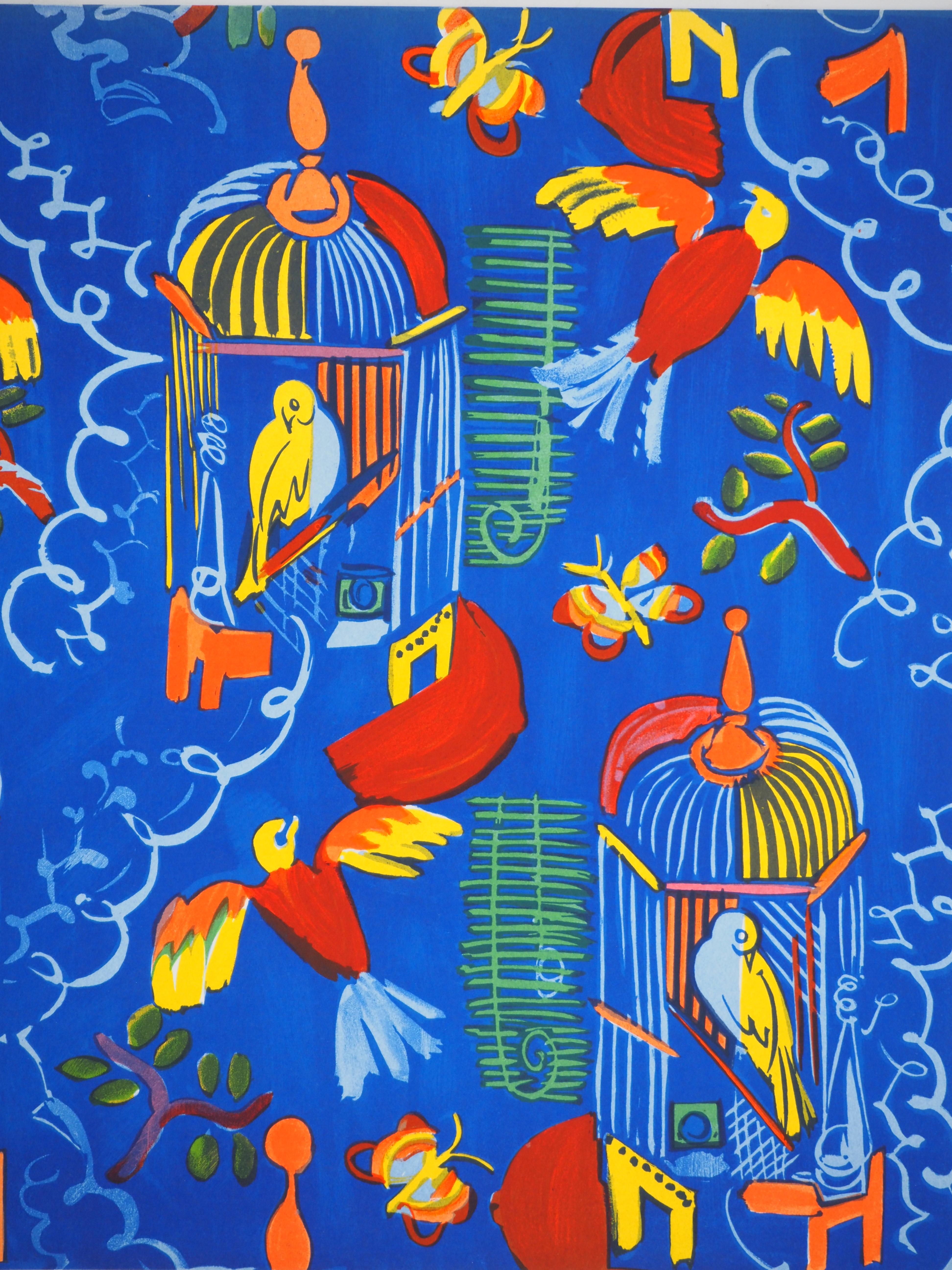Pájaros de colores sobre fondo azul - Litografía original - Print de Raoul Dufy