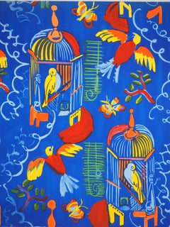 Bunte Vögel auf blauem Hintergrund - Orignal Lithographie