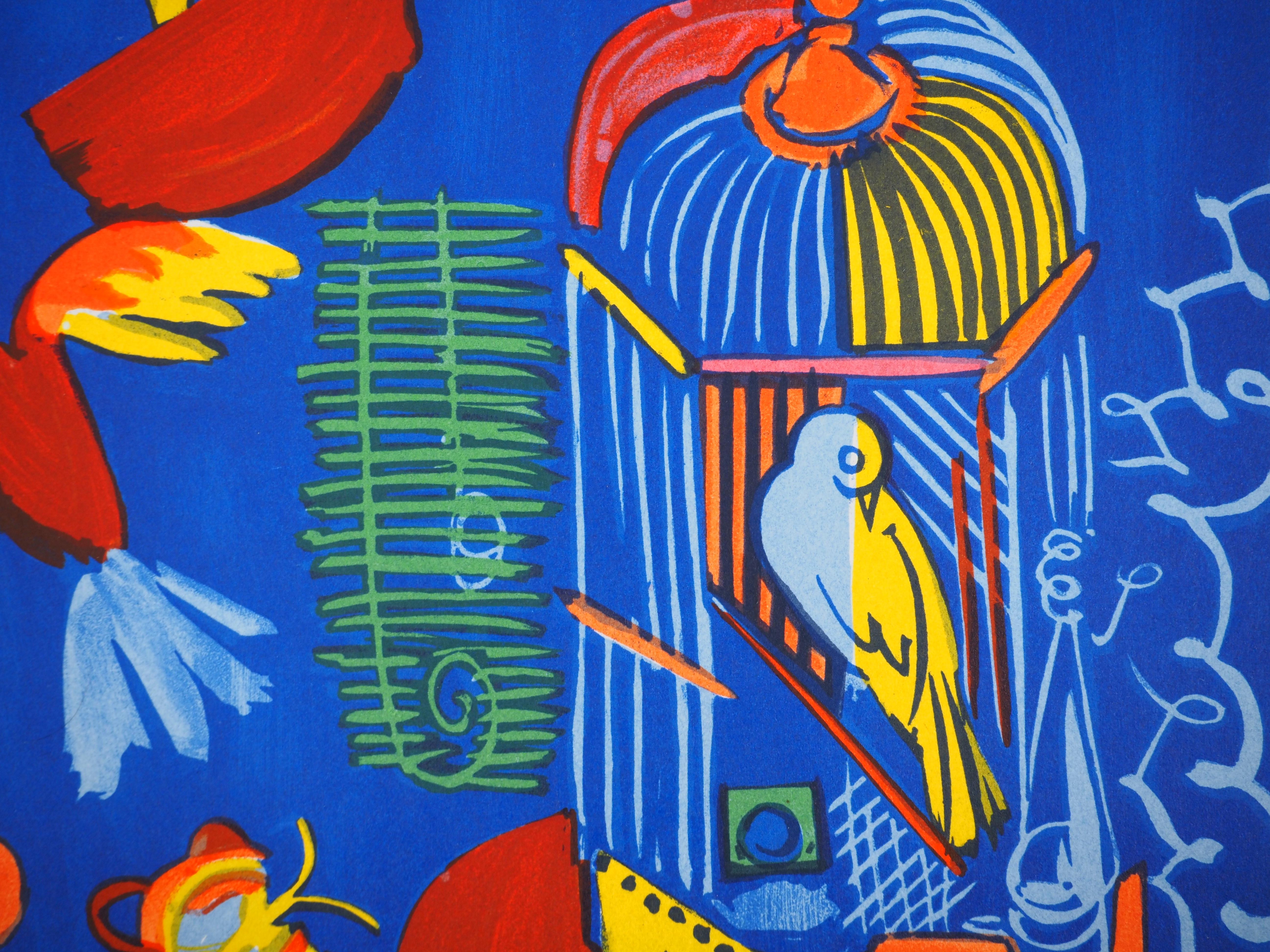 Pájaros de colores sobre fondo azul - Litografía original - Print Geométrico abstracto de Raoul Dufy