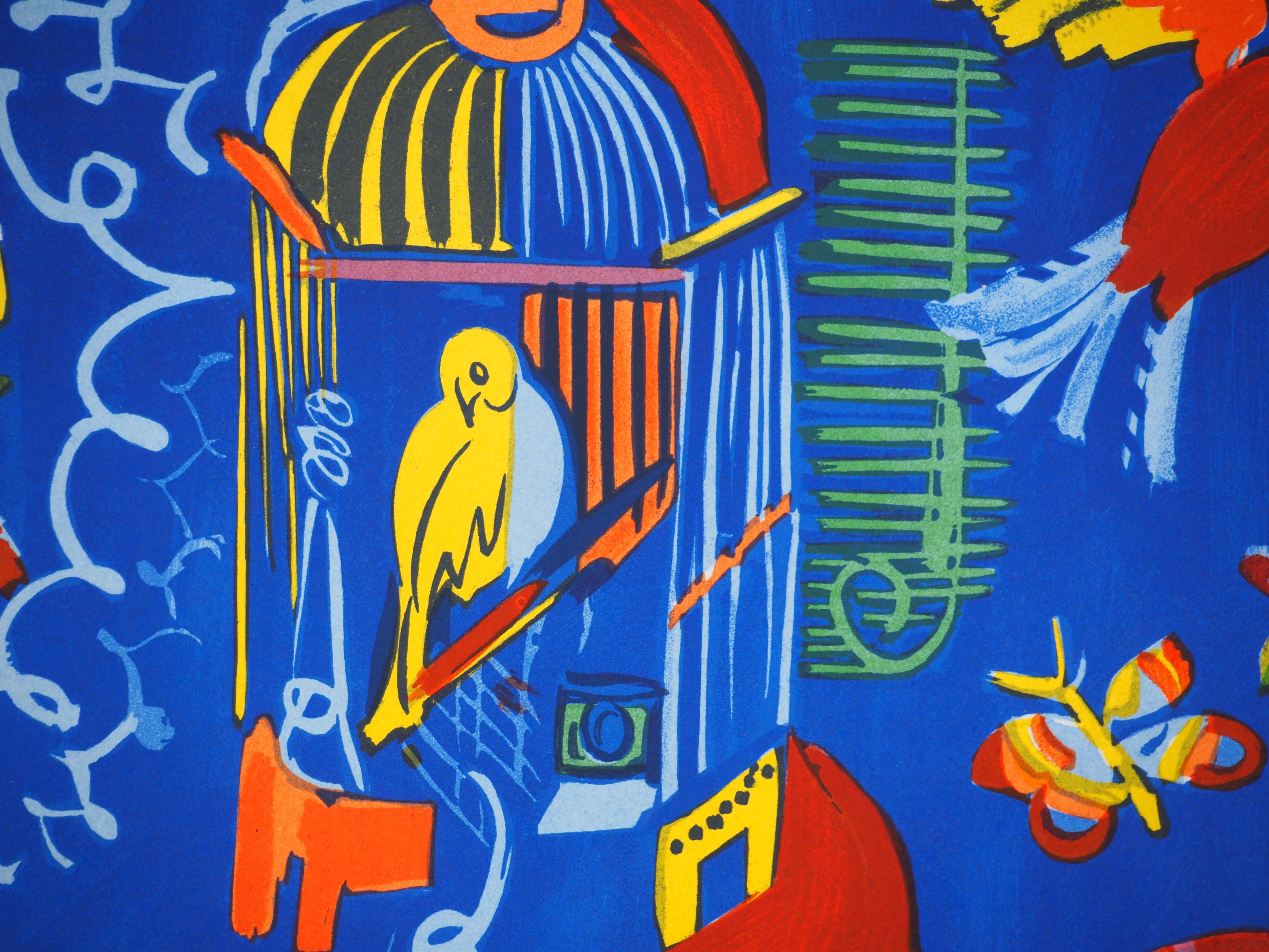 Pájaros de colores sobre fondo azul - Litografía original - Animal Print Azul de Raoul Dufy