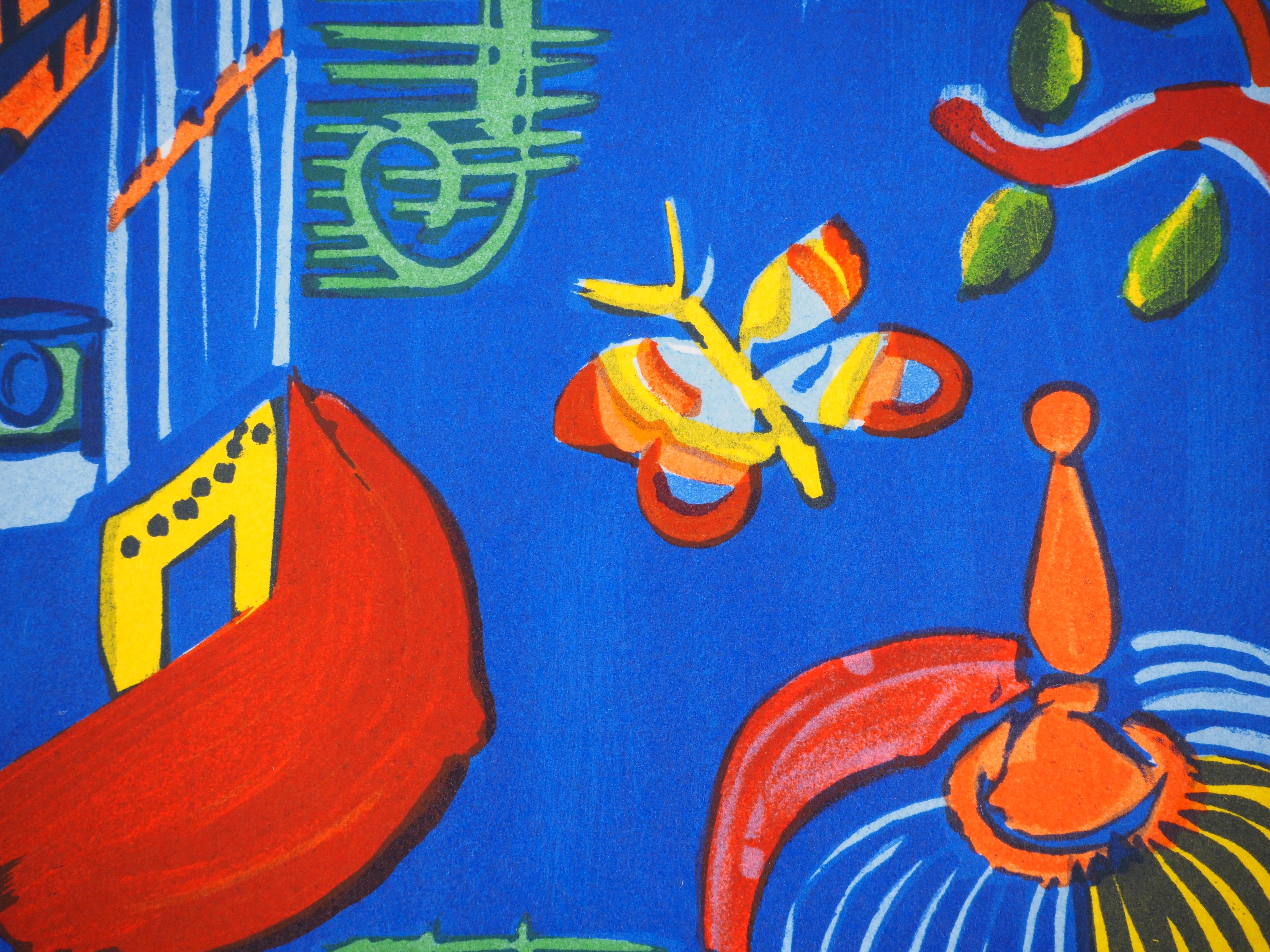 Pájaros de colores sobre fondo azul - Litografía original en venta 1